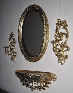 Set of 4=Vtg-GOLD Ornate-Wall-Oval Mirror-SYROCO-Candle Sconces-Large Planter