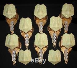 Set of 8 Antique Art Deco Lincoln Custard Glass Slip Shade Electric Wall Sconces