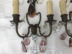 Shabby Pair Antique Bronze Crystal Wall Sconces Petite Wall Sconce
