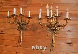 Sharp Pair! 5 Candle Lamp Rococo French Gold Gilt Wall Sconces with Bow & Tassels
