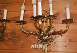 Sharp Pair! 5 Candle Lamp Rococo French Gold Gilt Wall Sconces with Bow & Tassels