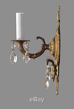 Spanish Brass & Crystal Pair Wall Sconces c1950 Vintage Antique French Style