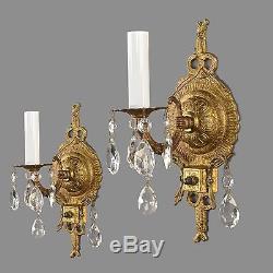Spanish Brass & Crystal Pair Wall Sconces c1950 Vintage Antique French Style