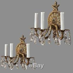 Spanish Brass & Crystal Sconces c1950 Vintage Antique French Style Gold Wall