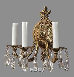 Spanish Brass & Crystal Sconces c1950 Vintage Antique French Style Gold Wall