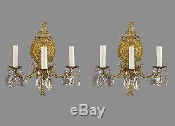 Spanish Brass & Crystal Wall Sconces c1950 Vintage Antique French Style Gold
