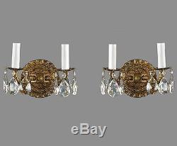 Spanish Brass & Crystal Wall Sconces c1950 Vintage Antique French Style Gold