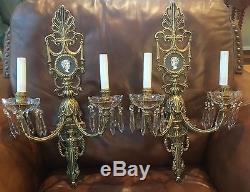 Stately French Neoclassical Figural Bronze Wall Sconce Crystal Sconces