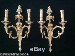 Stately French Neoclassical Figural Bronze Wall Sconce Pair 2 Arm Lamp Sconces