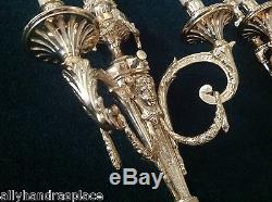 Stately French Neoclassical Figural Bronze Wall Sconce Pair 2 Arm Lamp Sconces