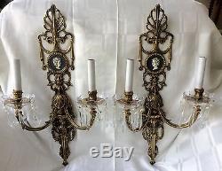Stately Pair French Neoclassical Portrait Brass Wall Sconce Crystal Sconces