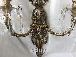 Stately Pair French Neoclassical Portrait Brass Wall Sconce Crystal Sconces