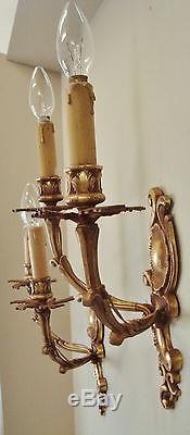 Stunning Pair Vintage French Chateau Sconces Wall Lights Rococo Quality Bronze
