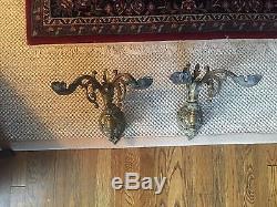 Stunning Pair of Antique 19th C French Bronze Double Candle Holder Wall Sconces