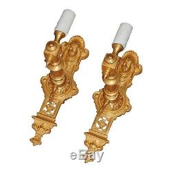 Superb Gilt Bronze Neoclassical Gold Wall Light Sconces w Faces