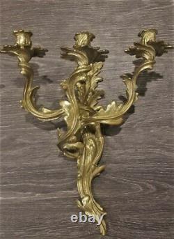 Superb Pair Old Vtg Louis XV Rococo Acanthus Brass Bronze Wall Candle Sconces
