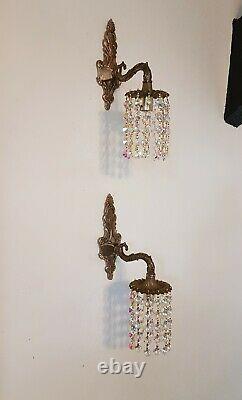 Superb Pair of French Style Vintage Down Light Wall Lights Iridescent Crystals