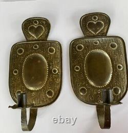 Swedish Brass Wall Sconces Candle Holders Hammered Pair RARE Signed Handearbete