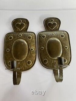 Swedish Brass Wall Sconces Candle Holders Hammered Pair RARE Signed Handearbete