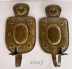 Swedish Brass Wall Sconces Candle Holders Hammered Pair RARE Signed Handearbete