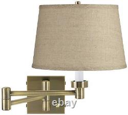 Swing Arm Wall Lamp Dark Brass Plug-In Fixture Fine Burlap for Bedroom Bedside