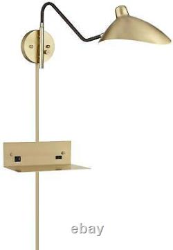 Swing Arm Wall Lamp with USB Port Outlet Brass Black Plug-In Metal Shade Bedroom