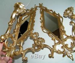 Syroco Vtg 60s Pair Gold Mirror Wall Hanging Homco Candle Sconce Leaf Diamond