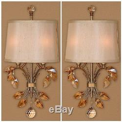 TWO AGED GOLD METAL WALL SCONCE LIGHTS TEAK CRYSTAL LEAF ACCENTS SILK SHADES