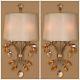 Two Aged Gold Metal Wall Sconce Lights Teak Crystal Leaf Accents Silk Shades