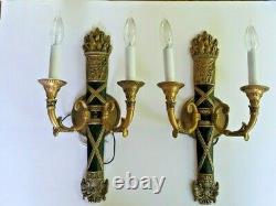 TWO (PAIR) French Empire Bronze Brass Bouillotte Lamp Wall Sconces Bird