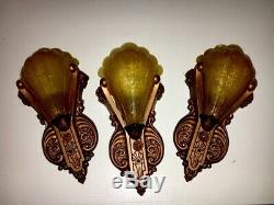 Three 30s Art Deco Signed Riddle Slip Shades Amber Antique Wall Sconce Fixtures