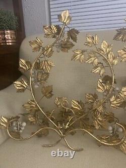 Two Antique Italian Tole Gilt Gold Leaf Grapes Wall Sconce Candelabra