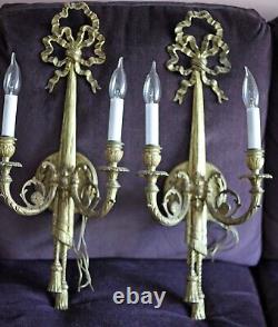 Two Large Brass Rococo Style 2 Arm Candle Wall Sconces Bow Ribbon & Tassel 1940s