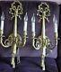 Two Large Brass Rococo Style 2 Arm Candle Wall Sconces Bow Ribbon & Tassel 1940s