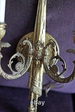 Two Large Brass Rococo Style 2 Arm Candle Wall Sconces Bow Ribbon & Tassel 1940s