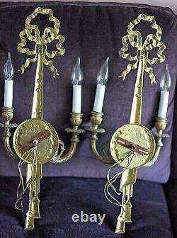 Two Large Brass Rococo Style 2 Arm Candle Wall Sconces Bow Ribbon & Tassel 1940s