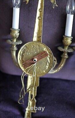 Two Large Brass Rococo Style 2 Arm Candle Wall Sconces Bow Ribbon & Tassel 1940s