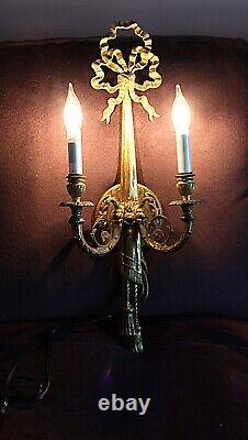 Two Large Brass Rococo Style 2 Arm Candle Wall Sconces Bow Ribbon & Tassel 1940s