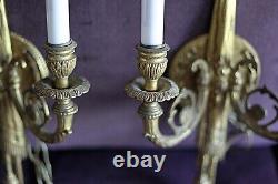 Two Large Brass Rococo Style 2 Arm Candle Wall Sconces Bow Ribbon & Tassel 1940s