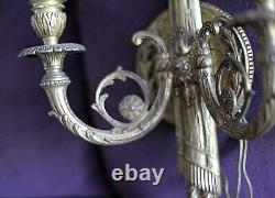 Two Large Brass Rococo Style 2 Arm Candle Wall Sconces Bow Ribbon & Tassel 1940s