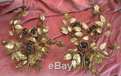 Two Vin Italian Italy Gold Gilt Tole Metal Candleholder Wall Sconce Roses Leaves