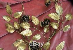 Two Vin Italian Italy Gold Gilt Tole Metal Candleholder Wall Sconce Roses Leaves