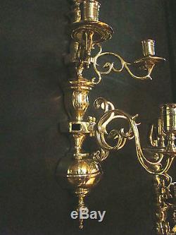 Unique Pair Antique Dutch Brass Bronze Wall Sconces Candle Holders Sticks (1011)