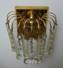 VINTAGE 60's PAIR GILDED WALL SCONCE LIGHT IRIDESCENT GLASS DROPS SHABBY CHIC #1