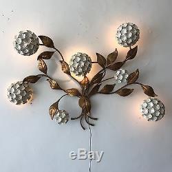 VINTAGE ITALIAN WALL SCONCE LIGHT LAMP SCULPTURE c1960 RARE FLORAL FLOWERS GOLD