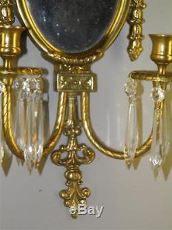 Vintage Ornate Brass Neoclassical Candle Wall Mirror Sconces Crystal Prisms