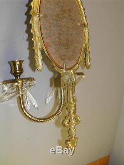 Vintage Ornate Brass Neoclassical Candle Wall Mirror Sconces Crystal Prisms