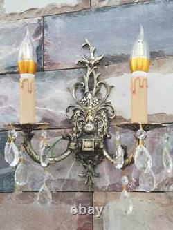VINTAGE ORNATE Classic SOLID BRASS WALL Crystal Wired Pair of SCONCES applique