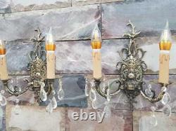 VINTAGE ORNATE Classic SOLID BRASS WALL Crystal Wired Pair of SCONCES applique