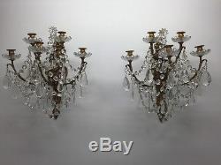 Vintage Pair Brass French Art Deco 5 Candle Wall Sconce With Tons Of Crystal